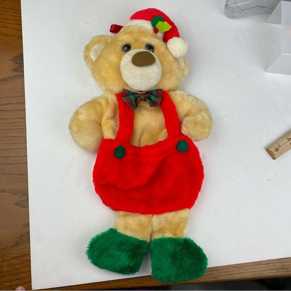 Vtg Tan Teddy Bear Christmas Stocking Plush Bib Overalls Stuffed Rennoc 1985 21" - Picture 1 of 4
